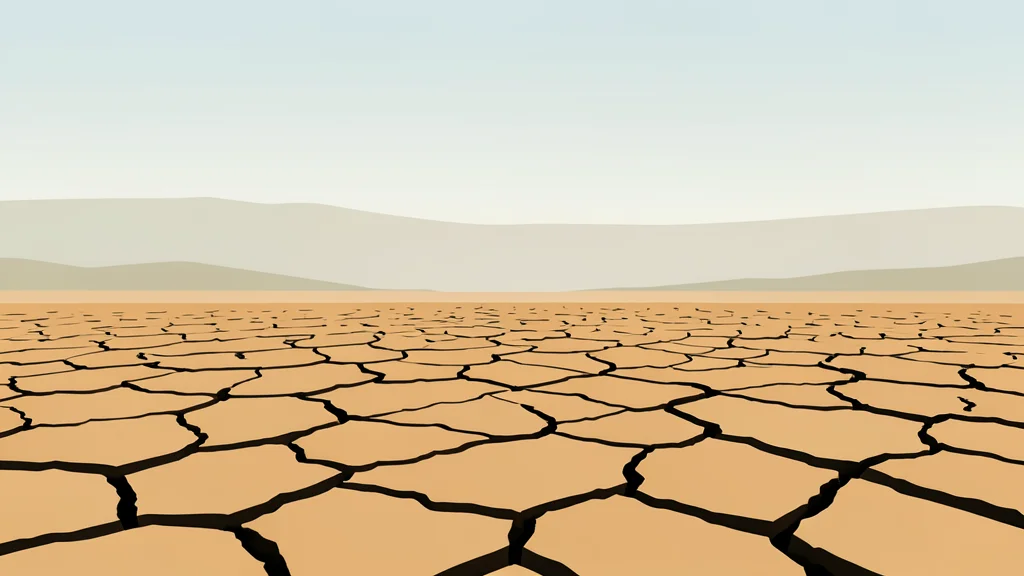 A dry, cracked earth landscape stretching toward a distant, hazy horizon under a pale sky