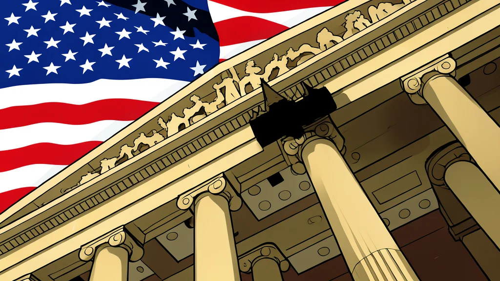 A flat vector illustration of a busy stock exchange trading floor with rows of desks and monitors.