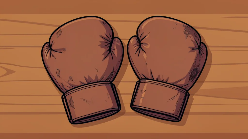 A pair of worn leather boxing gloves resting on a wooden table