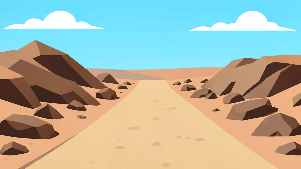 A dusty, unpaved road stretching through a dry, rocky landscape under a bright sky
