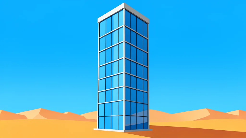 A modern glass skyscraper reflecting a desert landscape under a clear blue sky