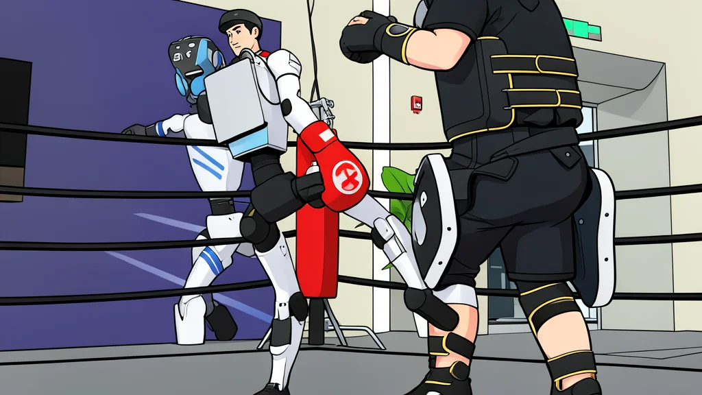 A flat-vector illustration of a humanoid robot wearing red boxing gloves in a ring, with a simple padded trainer figure nearby.