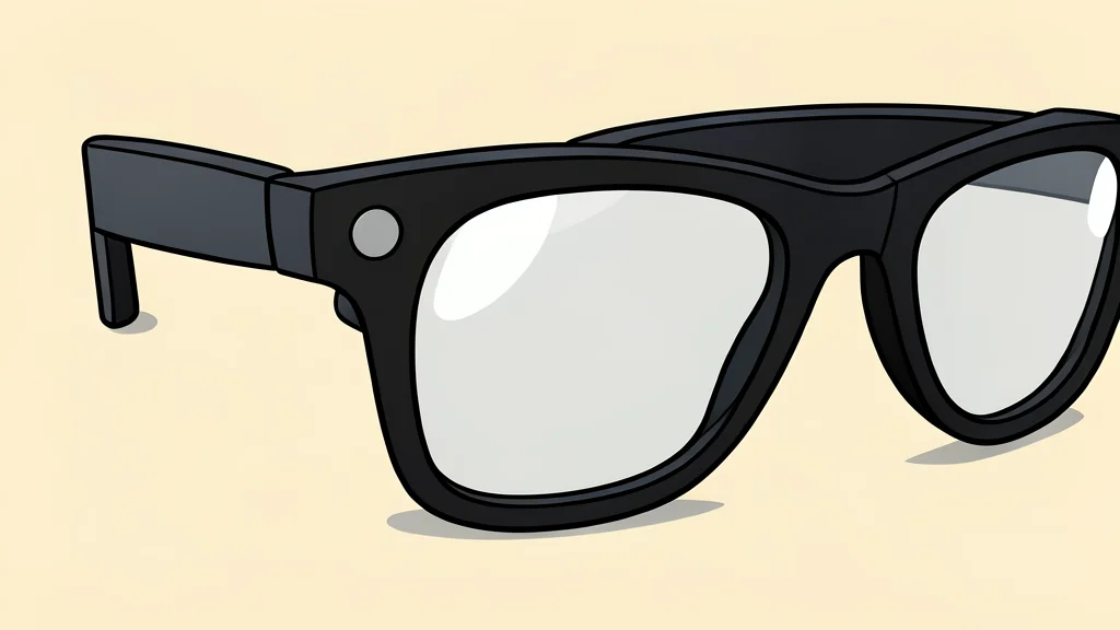 A pair of modern smart glasses with a small camera lens resting on a wooden table.