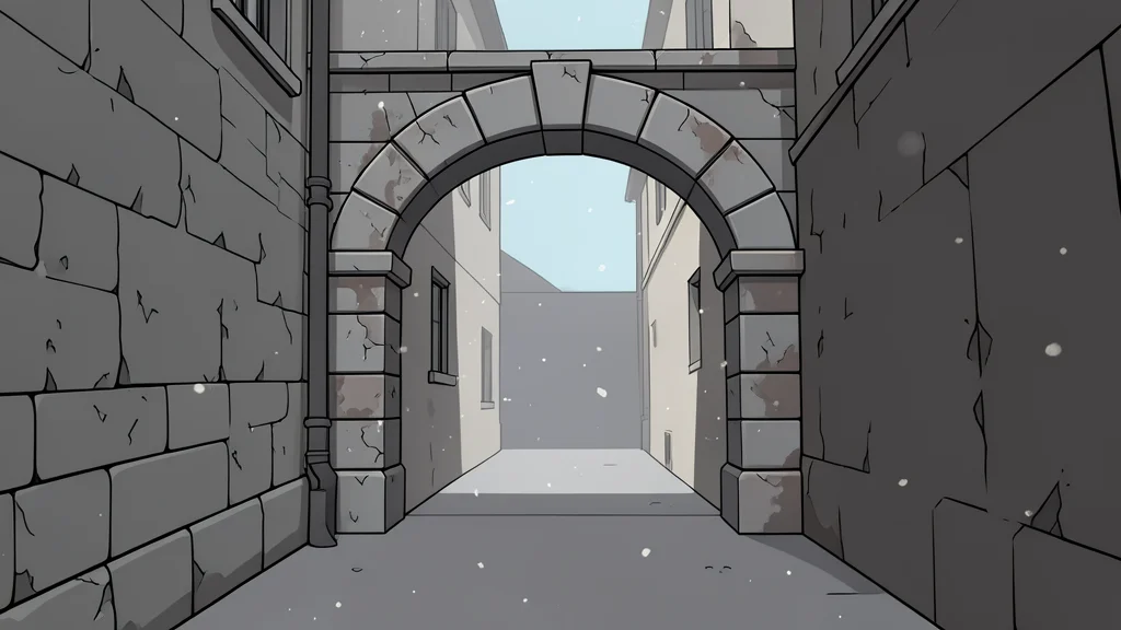 A weathered stone archway in a narrow alleyway with dust motes floating in the air