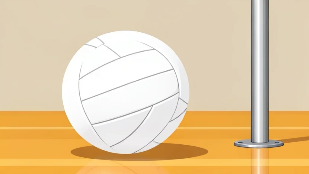 A white volleyball resting on a polished wooden gymnasium floor near a net post