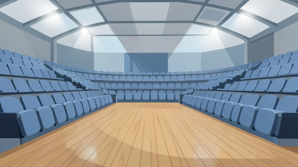 A vast, empty indoor sports arena with rows of curved seats surrounding a polished wooden floor under bright overhead lighting.