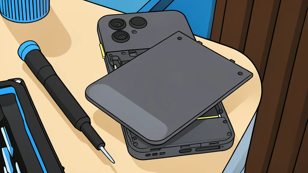 A flat vector illustration of a smartphone with its back panel removed, revealing a rectangular battery slot and a separate battery cell resting beside it.