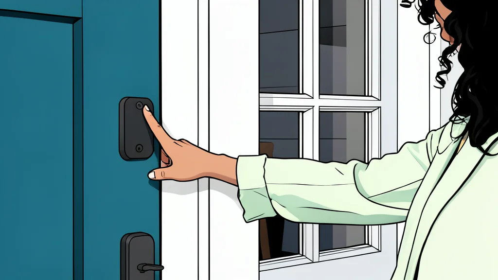 A modern electronic door lock mounted on a wooden door frame