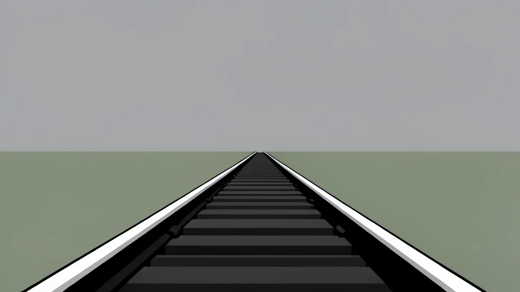 A single railway track stretching across a vast, flat landscape under a heavy grey sky.