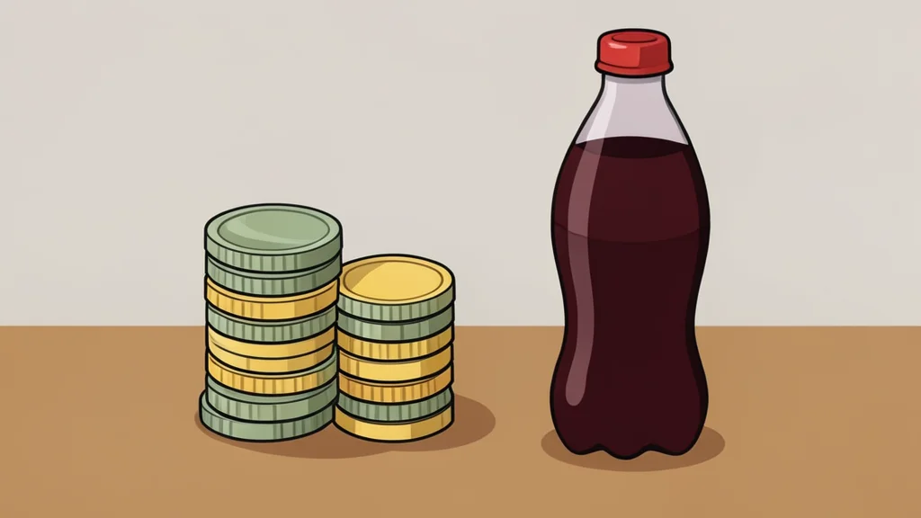 A stack of generic coins and a single bottle of soda on a wooden table