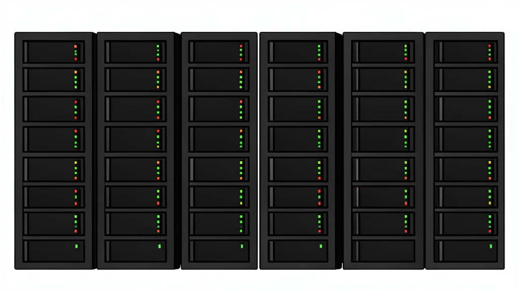 A server room with rows of black racks and blinking indicator lights