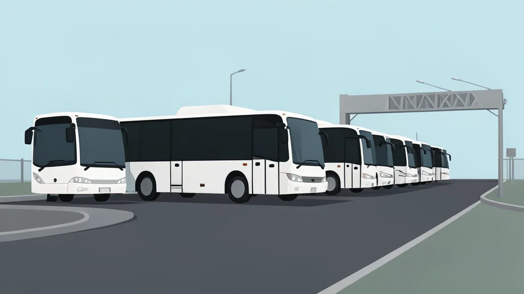 A row of large passenger buses parked in a line on an asphalt road near a border checkpoint structure