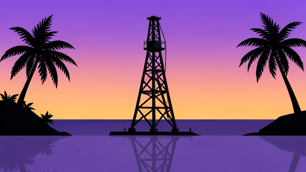 A steel oil derrick standing on a calm tropical coastline at dusk