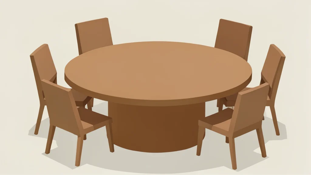 A large, circular wooden table with empty chairs arranged around it, symbolizing a multilateral meeting space.