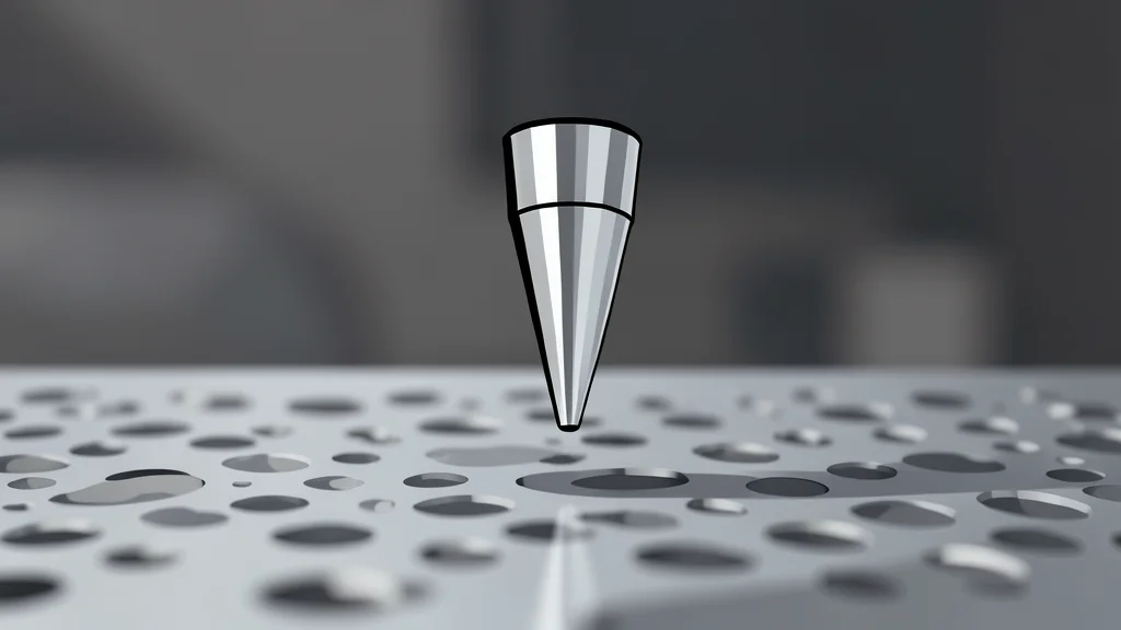 A fine metallic needle tip hovering just above a textured, uneven surface.