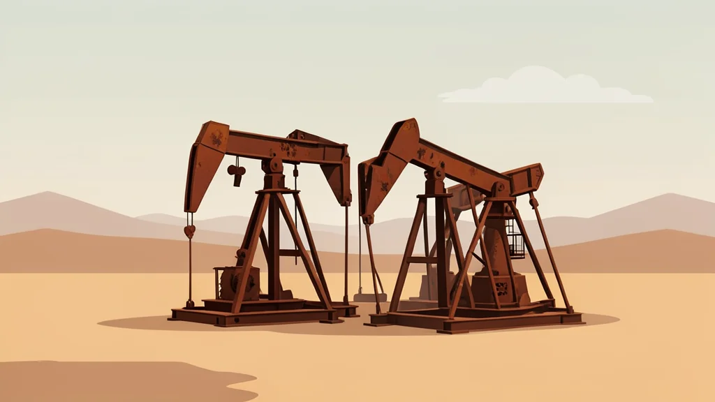 A cluster of rusted oil pumpjacks standing in a dry, dusty desert landscape under a hazy sky