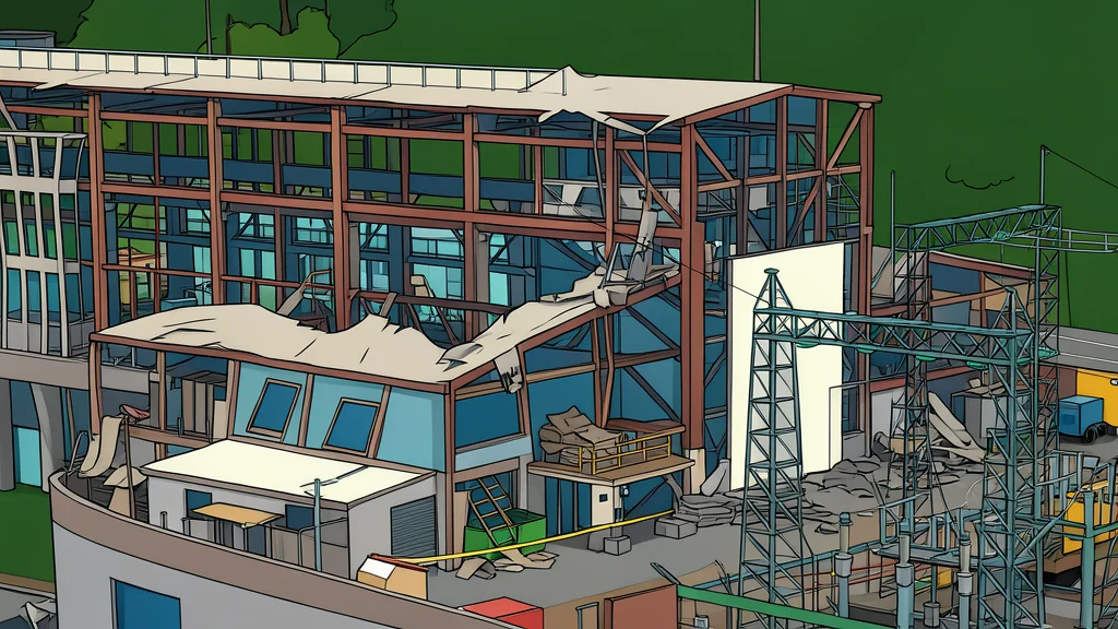 A large industrial turbine hall with exposed steel beams and concrete foundations