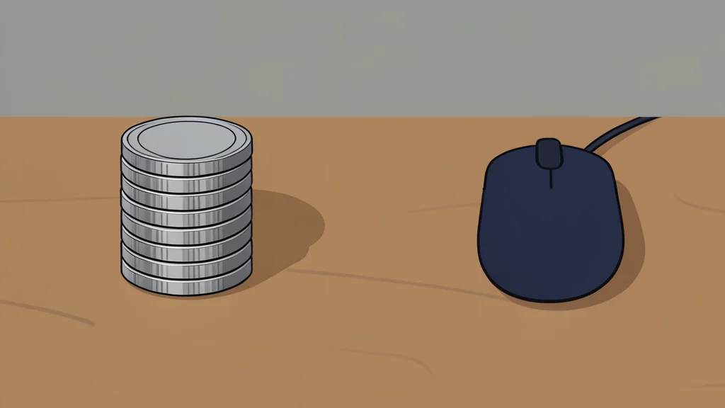 A cluttered desk with a stack of physical coins and a single computer mouse
