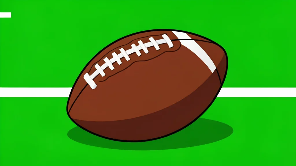 A green football field with white yard lines and a brown leather football resting on the grass