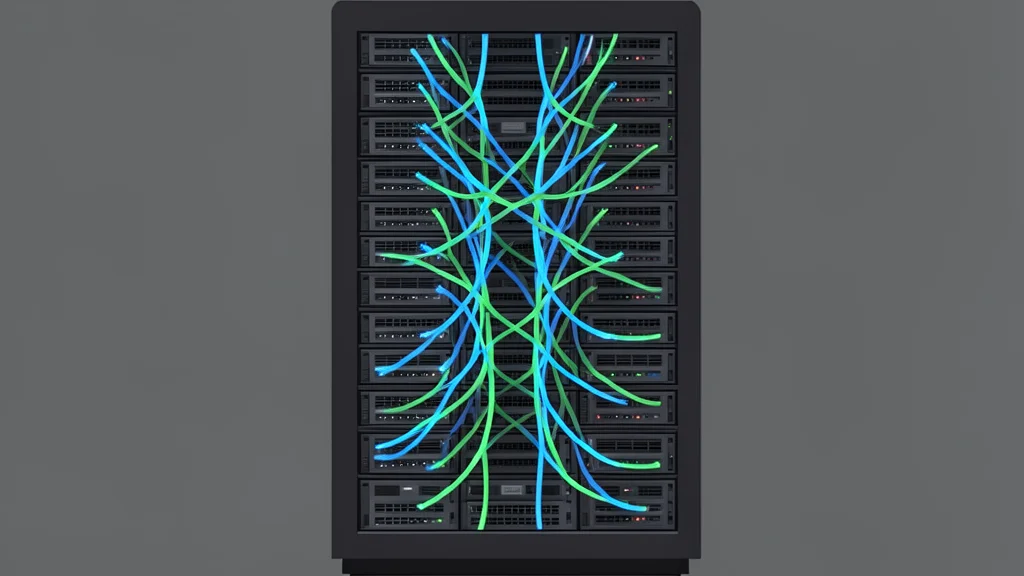 A dense rack of network switches with glowing fiber optic cables connecting them in a dark room