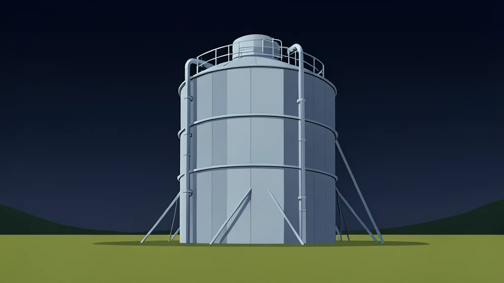 A large industrial fuel storage tank standing in an open field under a dark sky.