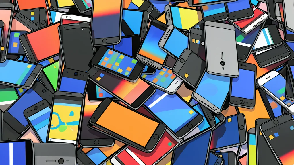 A disassembled smartphone on a workbench next to loose electronic components like batteries and circuit boards.