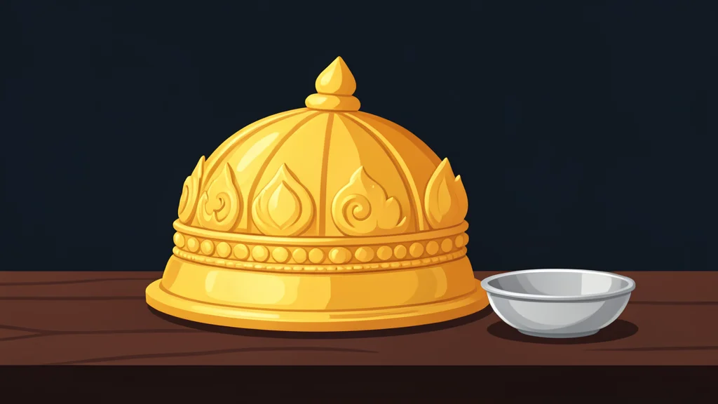 A traditional gold headpiece and a silver bowl resting on a wooden table