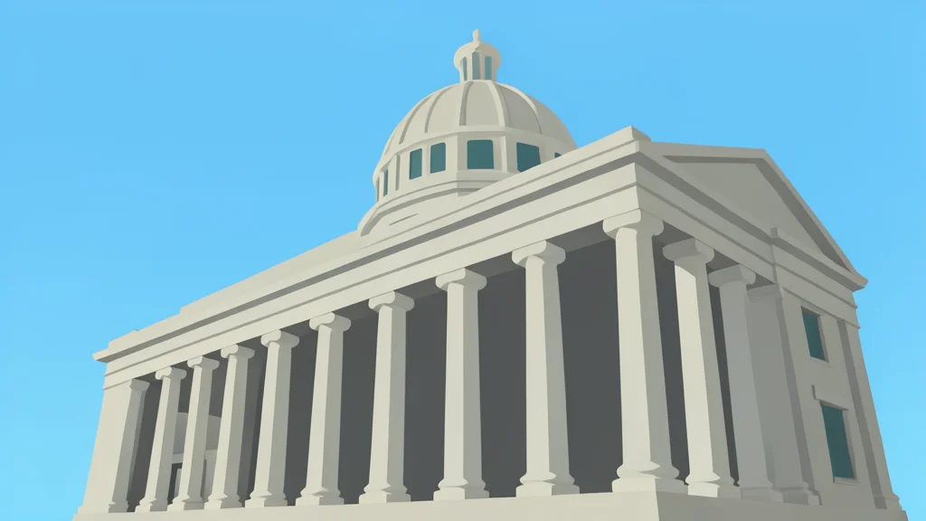 A large classical stone building with tall columns and a dome viewed from a low angle against a clear sky