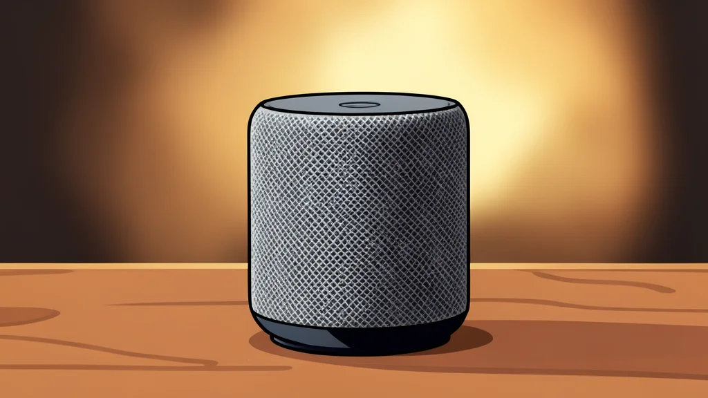 A cylindrical smart speaker with a fabric mesh exterior sitting on a wooden kitchen counter next to a small potted plant.