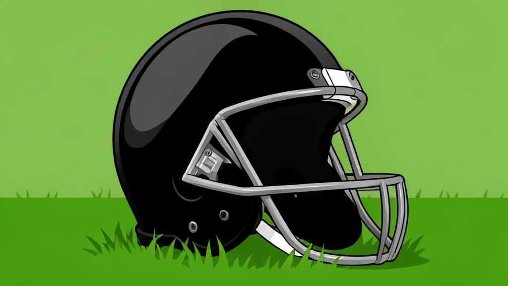 A green grass football field with white yard lines and a brown leather football resting on the turf.