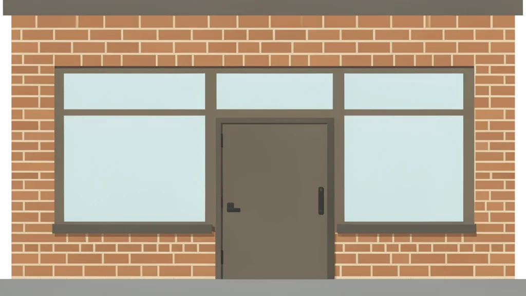 A traditional brick bank facade with large glass windows and a heavy metal door