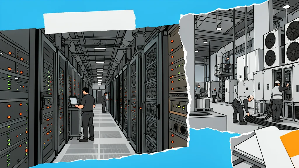 A vast, dimly lit server room with rows of black rectangular units and glowing blue status lights