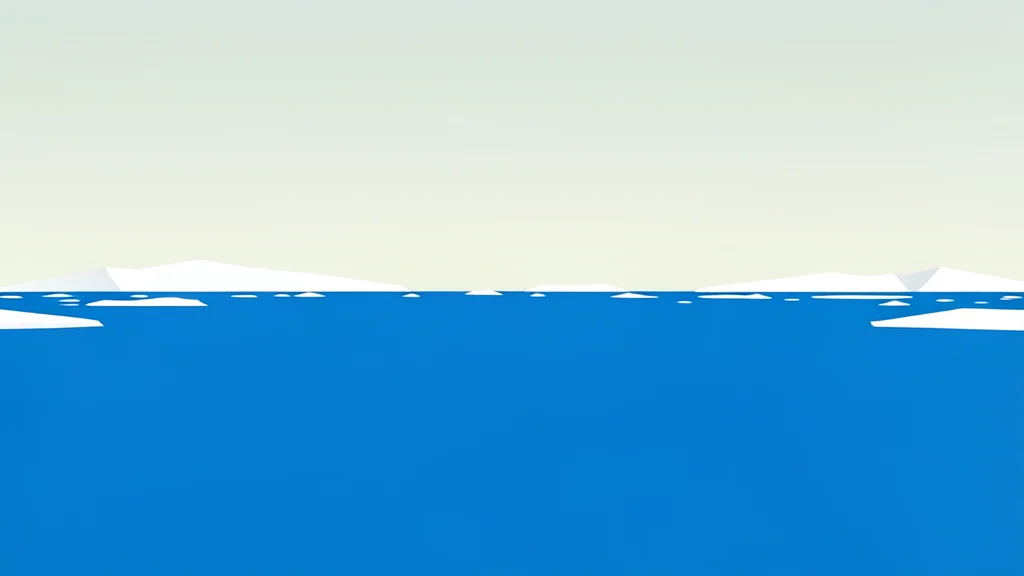 A vast expanse of blue ocean water with patches of white sea ice floating near the horizon under a pale sky