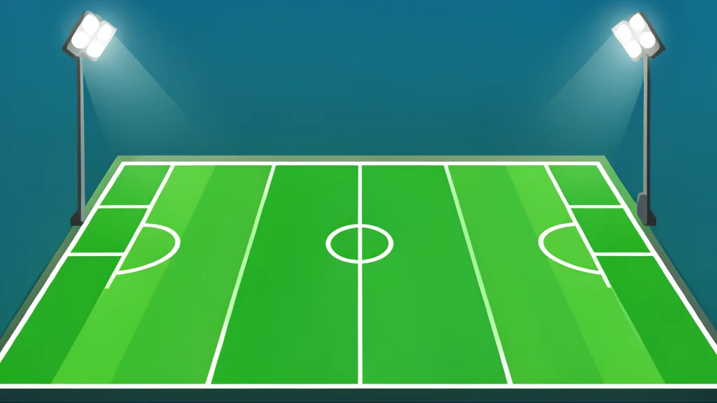 A green football field with white yard lines and goalposts under stadium lights