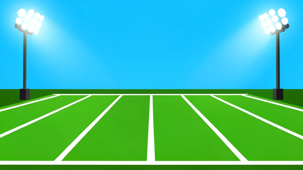 A green football field with white yard lines stretching into the distance under stadium lights.