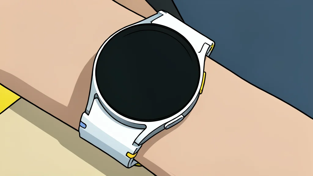 A round smartwatch face resting on a wooden surface, showing a simple clock interface.