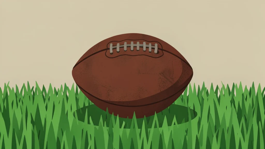 A worn brown leather football resting on green artificial turf