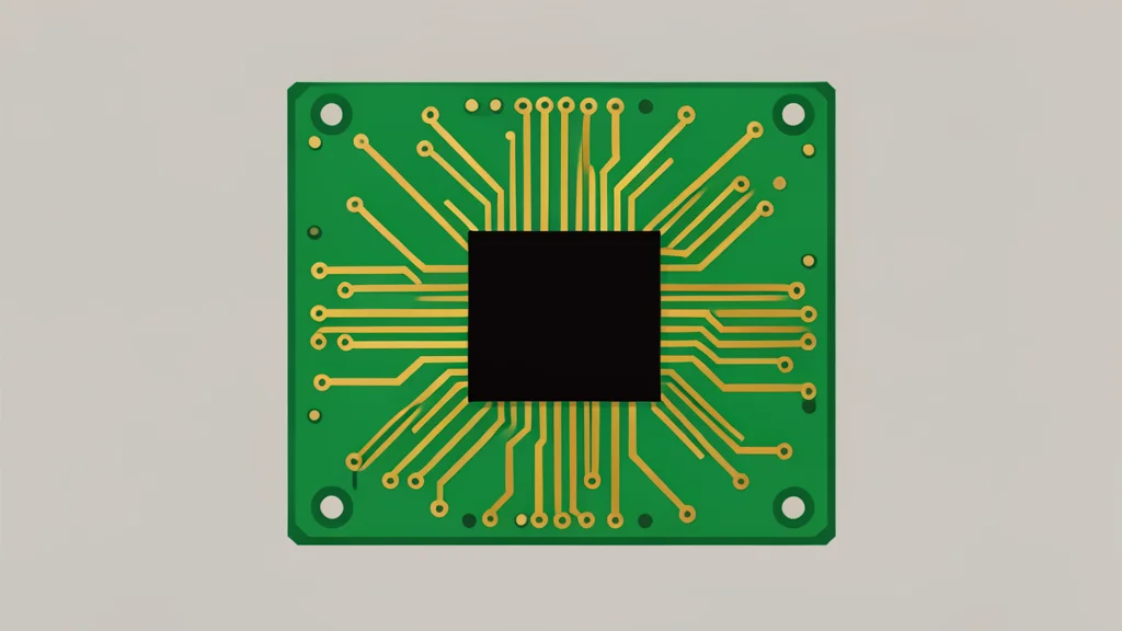 A stylized green circuit board with intricate gold pathways and a central black square chip.
