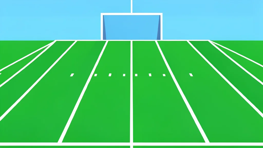 A vibrant green football field stretches into the distance, marked by crisp white yard lines and distant goalposts under a clear sky.