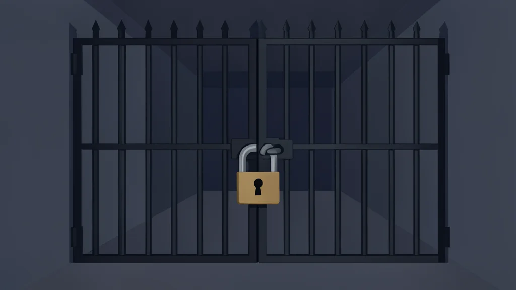 A heavy iron gate secured with a large padlock, standing in a dimly lit corridor