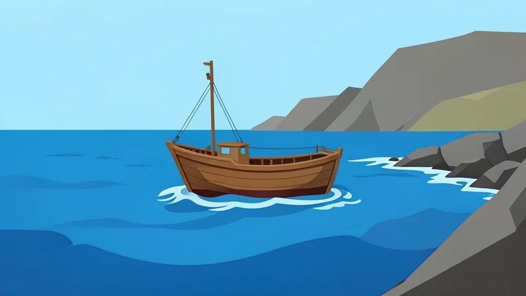 A small wooden fishing boat floating on choppy blue sea water near a rocky coastline