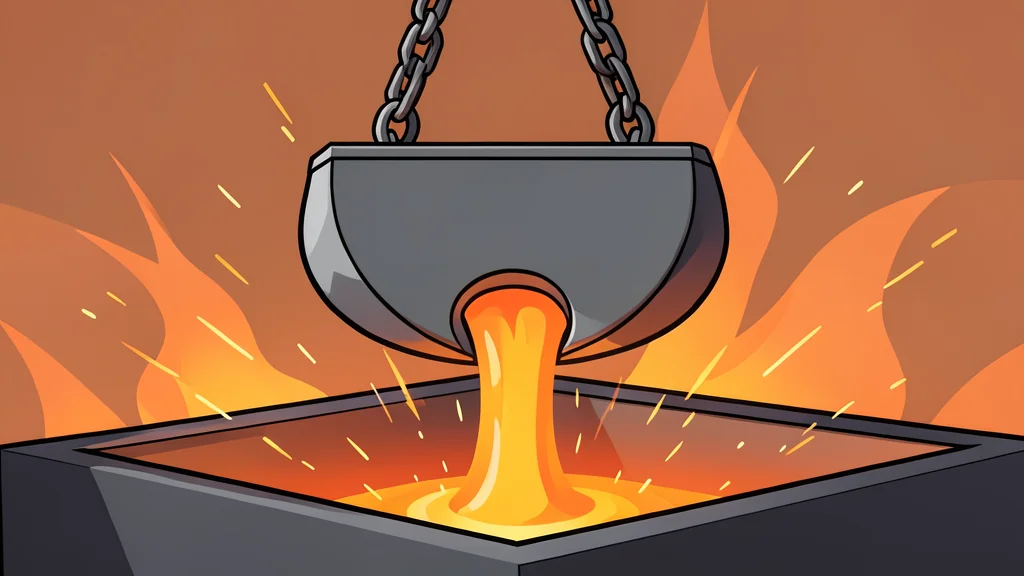 A large industrial steel mill with glowing orange molten metal flowing into molds