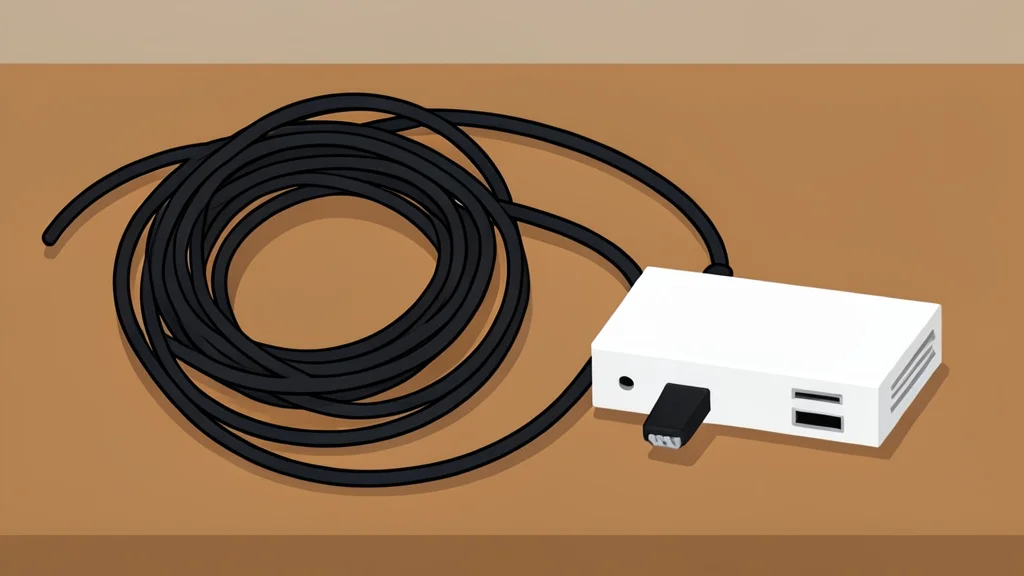 A tangled ball of black ethernet cables and a disconnected white router sitting on a wooden desk