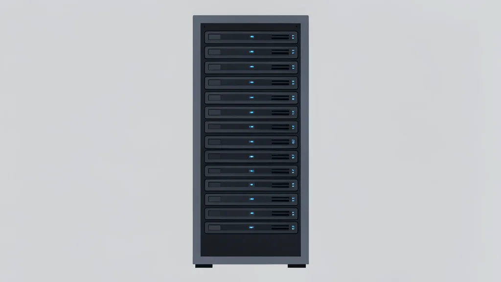 A stylized vector illustration of a server rack with glowing blue lights, representing secure data infrastructure.