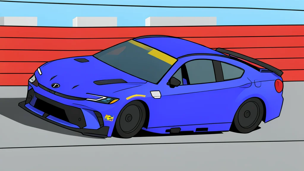 A flat-vector illustration of a curved asphalt racetrack with white boundary lines and dark tire skid marks, viewed from a high angle.