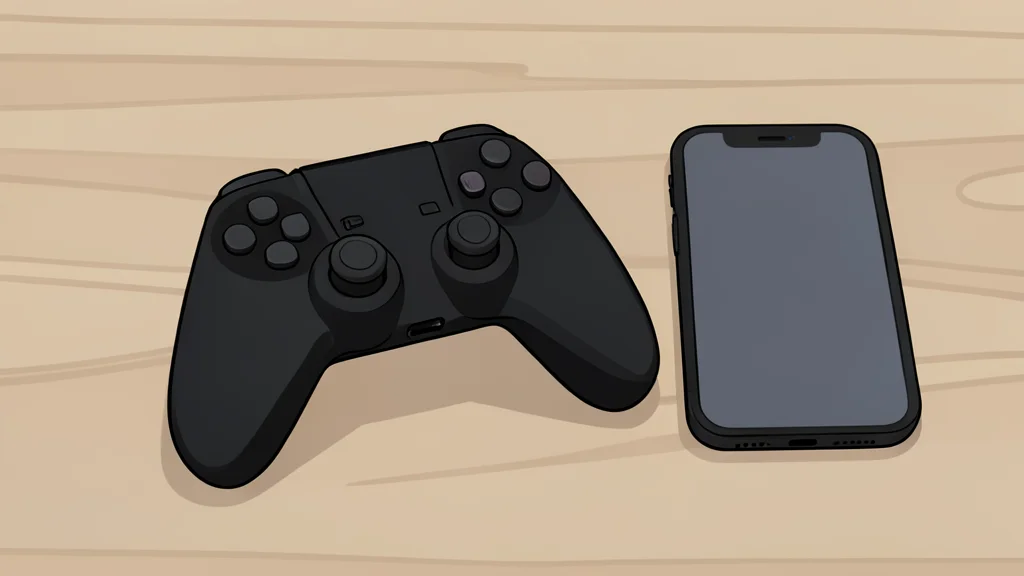 A matte black game controller resting on a wooden desk next to a smartphone