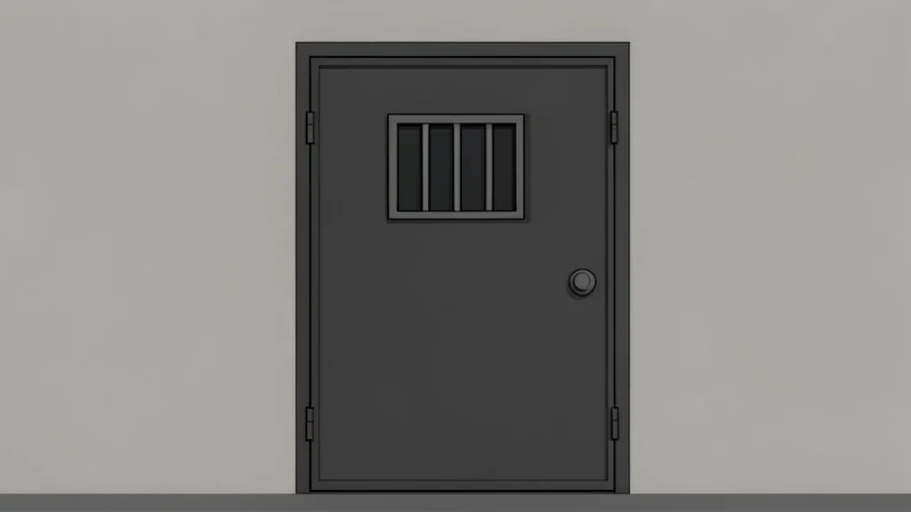 A closed heavy metal door with a small, barred window, set against a plain concrete wall.
