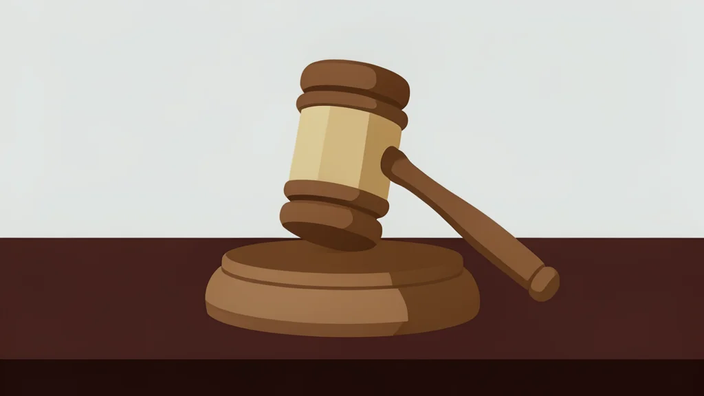 A wooden gavel resting on a dark mahogany desk surface
