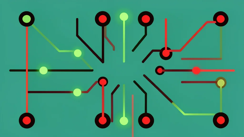 A digital circuit board with glowing green and red nodes
