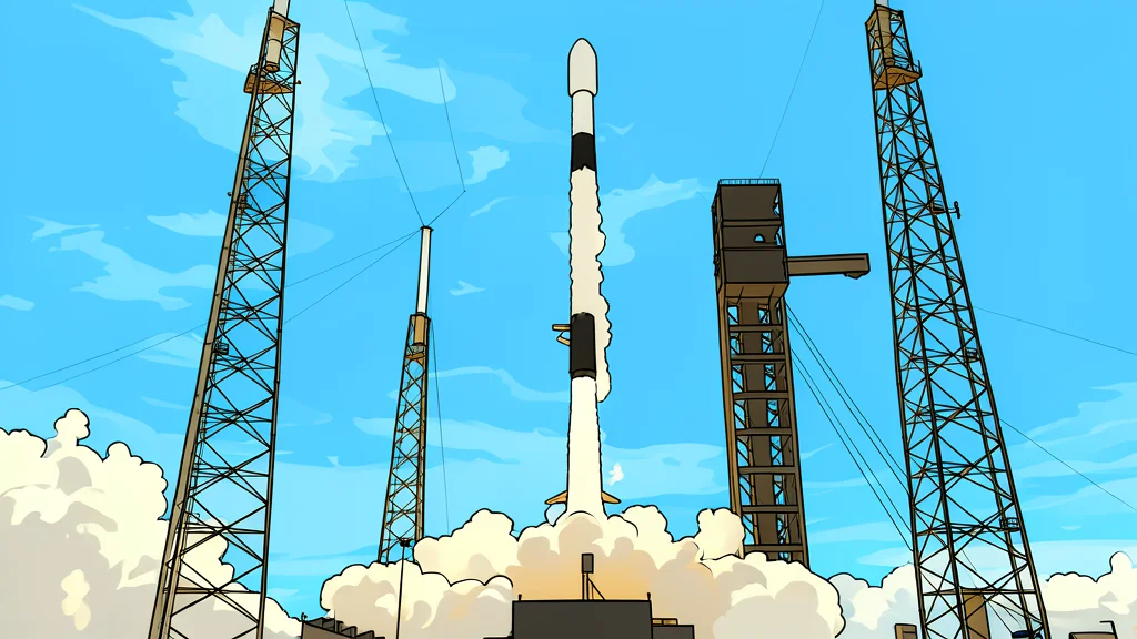 A white rocket ascending vertically from a coastal launch pad into a clear blue sky, leaving a trail of white smoke behind it.